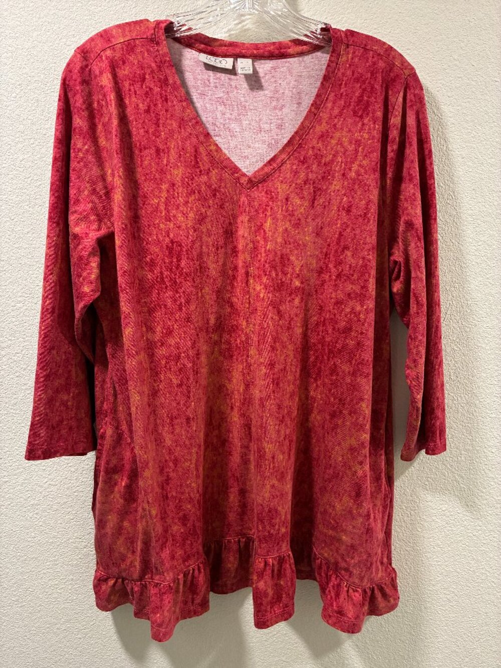 LOGO Lori Goldstein Cotton Blend V-Neck Ruffle Hem Tunic Top Raspberry XL EUC